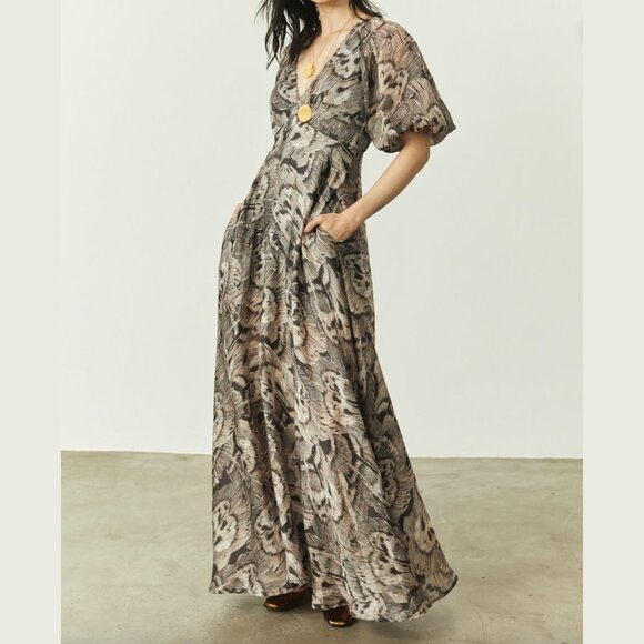 Christy Lynn Julie Dress Maxi Long Feather Jacquard Brown White Print Sleeve S 4 - Picture 2 of 10
